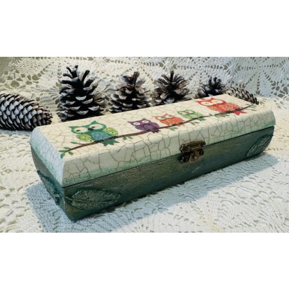 Egyedi kézzel díszíett tolltartó/ékszerdoboz - Baglyos mintával 