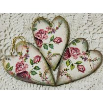 Fa Szívecske  rózsa mintával díszítve - 10 x 6,5cm